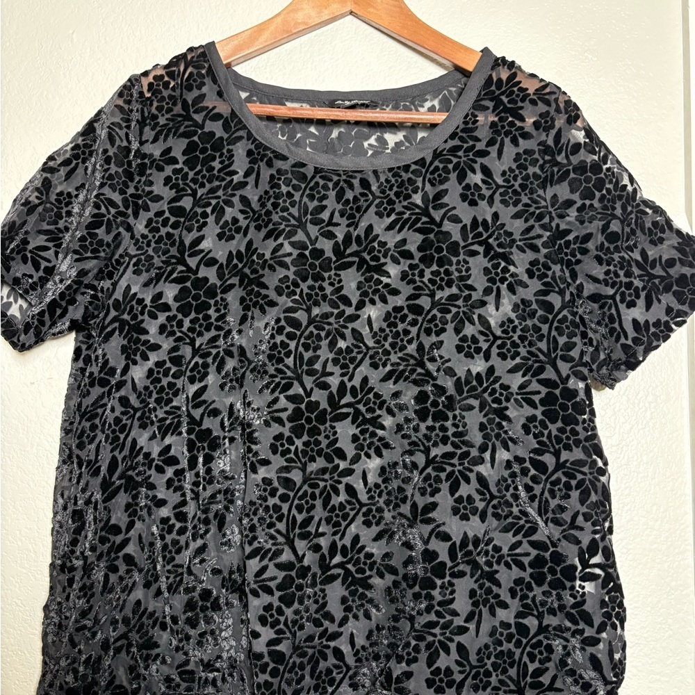 Lucky Brand Black Sheer Floral Velvet Burnout Short Sleeve Top. Size M